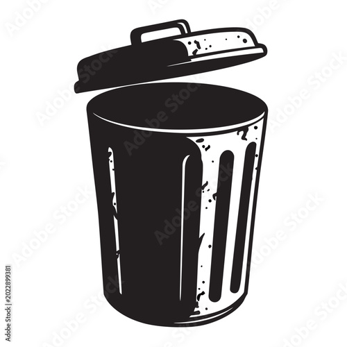 Trash can icon in bold black and white vintage style.
