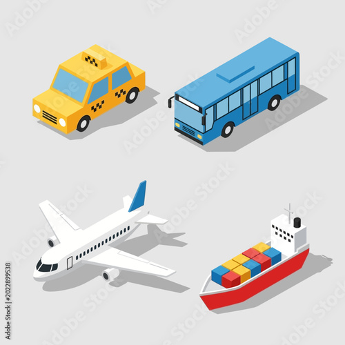 Isometric illustration of various transportation vehicles including a taxi, bus, airplane, and cargo ship.