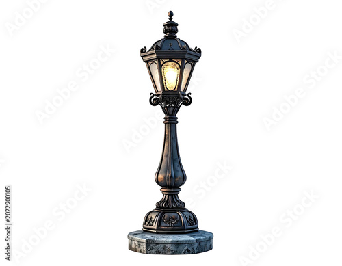 Ornate, illuminated street lamp isolated against a black background (1)