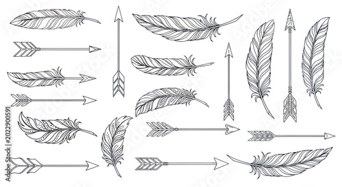 Bild auf Leinwand Hand-drawn Feather and Arrow Elements - Boho Tribal Style