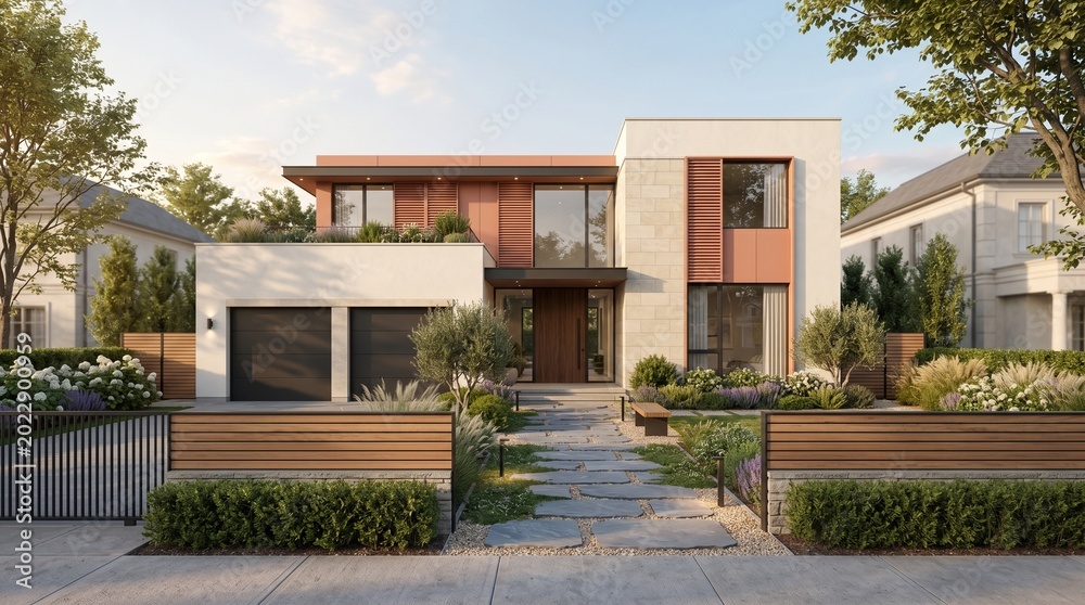 Fototapeta premium Modern house with garden and fence in suburban neighborhood on sunny day