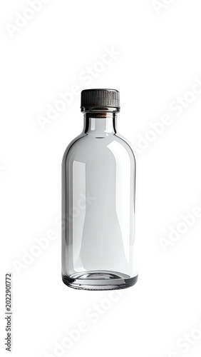 Clear glass bottle with black cap centered on black background