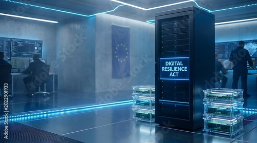 A futuristic server room with a large digital resilience act server and people working on computers in the background with blue neon lights.
