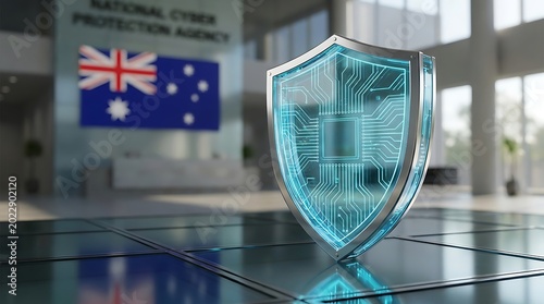A futuristic blue shield with a circuit board pattern stands on a glass floor in front of a blurred Australian government building interior with a large flag and windows.