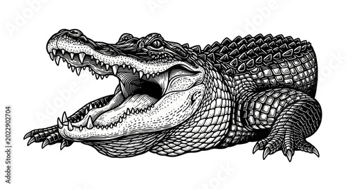 Fotografía Alligator with open mouth, detailed illustration, black and white drawing