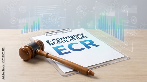 E-commerce regulation documents with gavel on desk in office setting with graphs
