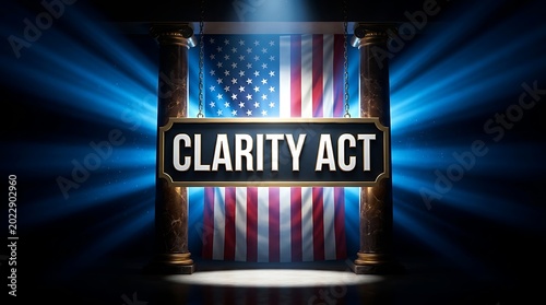 The Clarity Act is presented on a stage with an American flag backdrop and spotlight.