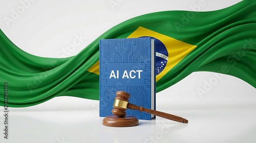 A gavel rests beside a blue book labeled AI ACT in front of a waving Brazilian flag