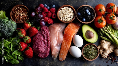 Balanced Diet Ingredients with Fish, Meat and Produce / 魚、肉、野菜がバランスよく並んだヘルシー食材グリッド