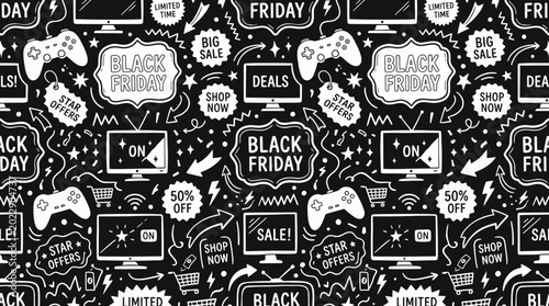 Bild auf Leinwand Seamless Black Friday sale sticker pattern with promotional icons and labels