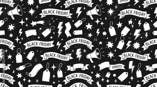 Konstfotografi Seamless black and white Black Friday sale pattern with tags and badges