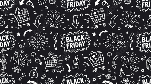 Photos Seamless hand-drawn Black Friday shopping pattern background.