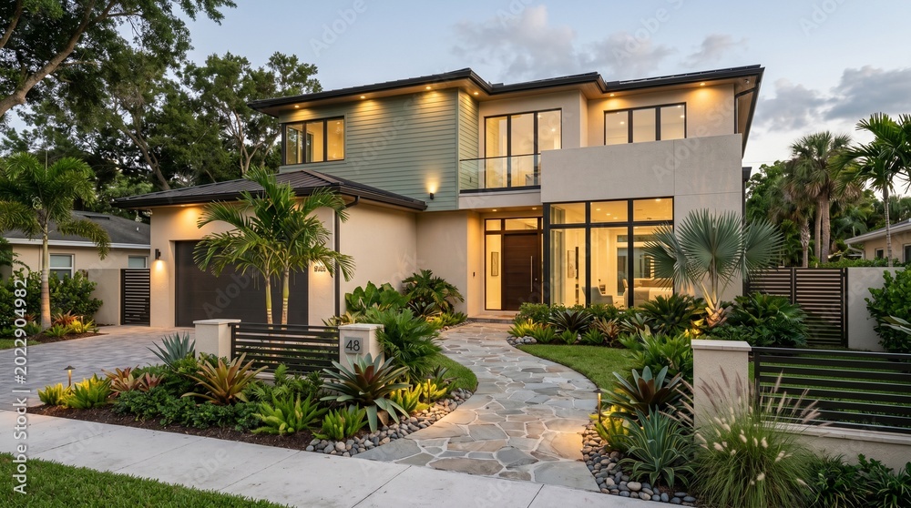 Obraz premium A well-lit modern house with palm trees and a winding driveway at dusk.