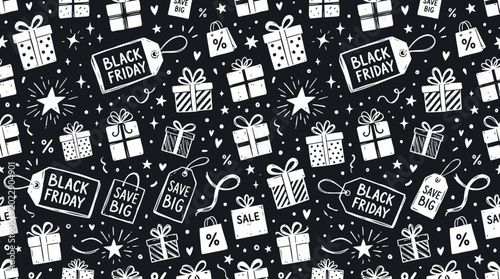 Photos Black and white seamless shopping sale pattern with gift icons.