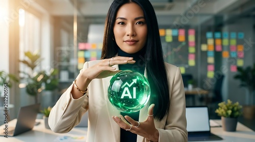A young Asian woman in a beige blazer presents a glowing green AI orb in her palms within a modern office environment with laptops and plants.