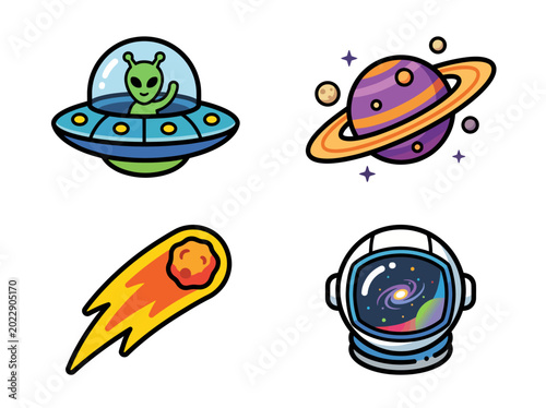 Photos This artistic collection presents various space-themed icons, including an alien spacecraft, a vibrant planet, and a comet, evoking creativity and fascination for the cosmic universe
