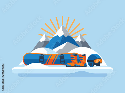 Canvas Print This vibrant illustration depicts snowboarding gear set against a picturesque mountain backdrop, perfect for adventurers seeking excitement and thrill in winter sports