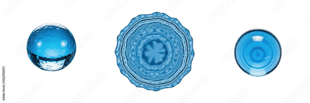 Fototapeta premium Collection of blue crystal objects featuring a smooth sphere, an intricate ornamental mandala-style medallion, and a circular flat glass piece, isolated on a white background, studio product photograp