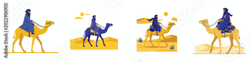 A simple flat design illustration of a Tuareg nomad in a blue robe riding a camel in the desert, minimalist style, no outlines, bright indigo and yellow colors, plain white background.
