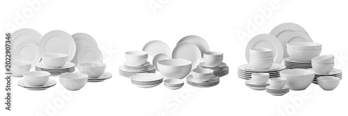 Konstfotografi Set of Elegant White Ceramic Tableware Isolated on White - Professional Dinnerwa