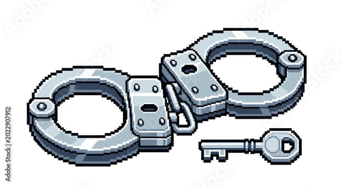 Pixel Art Handcuffs and Key Illustration.