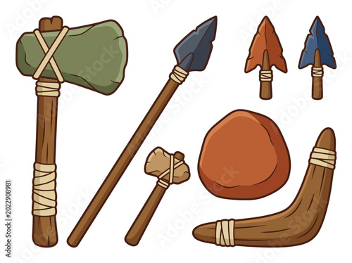 Fotografía A collection of primitive tools includes axes, spears, and stones, reflecting the innovation and resourcefulness of early human ancestors in survival and hunting