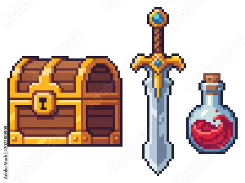 Photography A charming pixel art scene featuring a treasure chest, a magical sword, and a potion, perfect for representing the allure of adventure and mythical quests