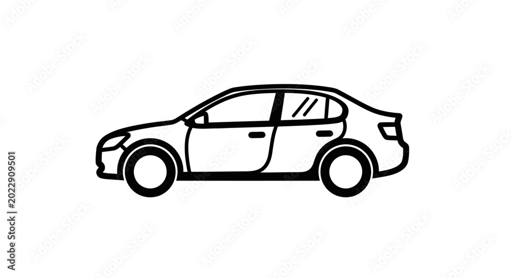 Fototapeta premium Generic Sedan Car Outline Icon Illustration. Simple Black and White Vector Drawing of an Automobile Vehicle for Transport and Travel Design