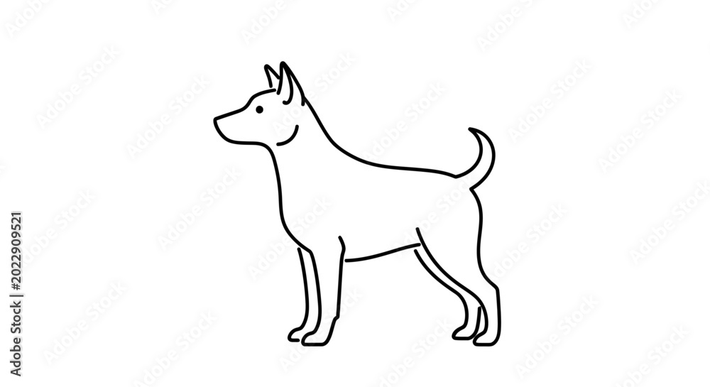Fototapeta premium Simple black and white line art illustration of a standing dog. Minimalist outline drawing of a generic pet animal.