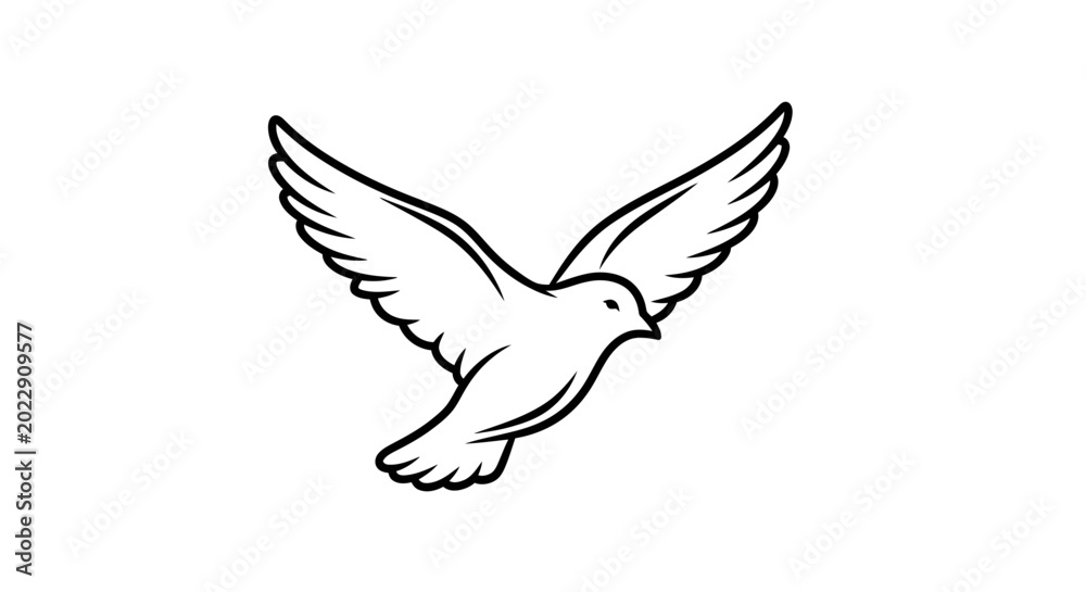 Fototapeta premium Minimalist flying dove outline vector illustration. Simple black and white bird icon for peace, freedom, spirituality, and hope.