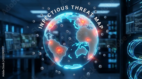Global surveillance system displays infectious threat map on a futuristic interface in a high-tech laboratory setting with a large screen.