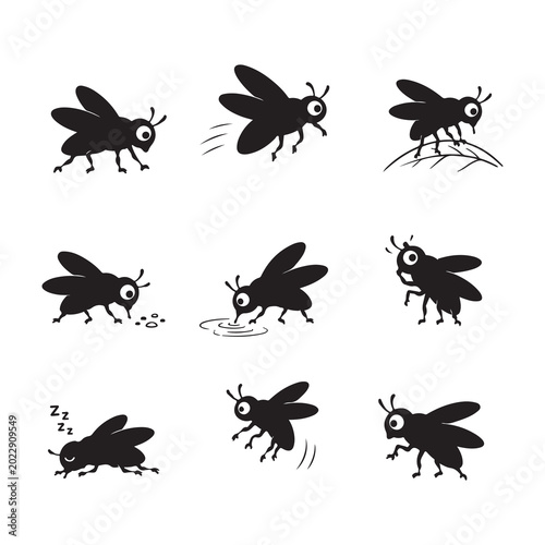 Cute Fly Silhouette Collection with Different Insect Activities and Behavior Illustration