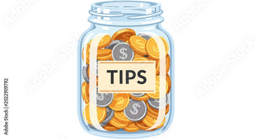 Photos Glass jar filled with coins and TIPS label, isolated on white background