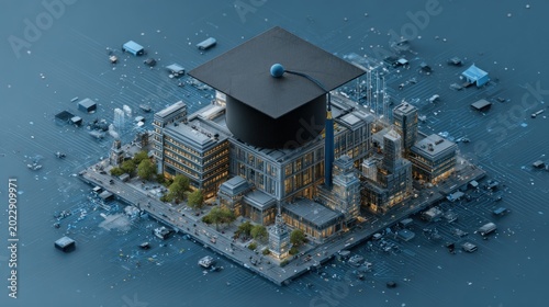 Innovative digital city university campus with graduation cap representing advanced education