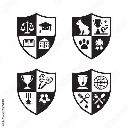 heraldic shield icons with academic and athletic symbols black and white