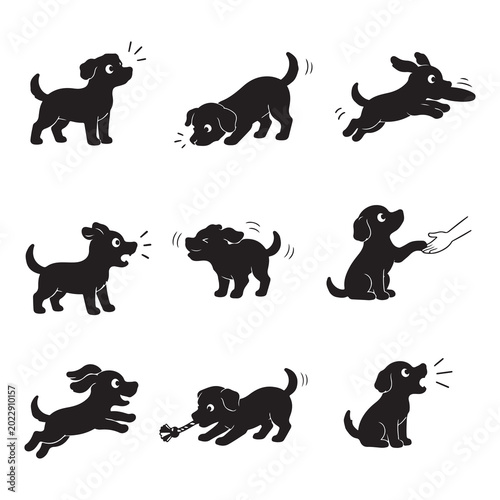 Cute Dog Silhouette Collection with Different Activities and Pet Behavior Illustration
