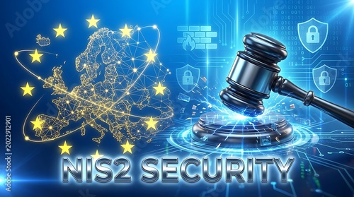 A judge's gavel rests on a glowing blue circuit board surrounded by stars and security icons in a dark blue digital environment with NIS2 security.