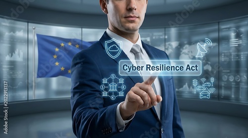Man in blue suit activates Cyber Resilience Act interface with finger in modern European office setting with futuristic background.