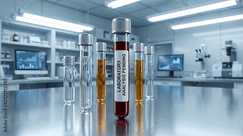 Several test tubes containing various colored liquids sit on a stainless steel laboratory countertop with a microscope and computers in the background.