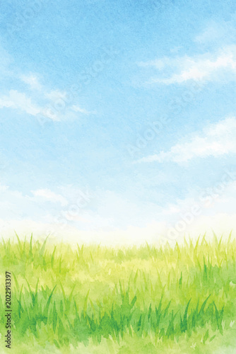 фотографія watercolor minimalist blue sky green grass background