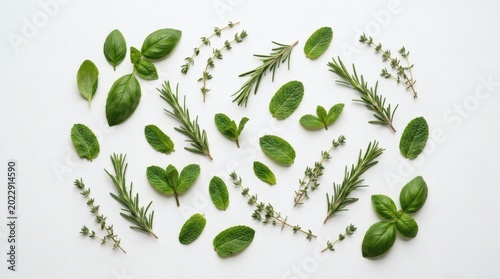 Minimalist Culinary Herb Arrangement Basil Rosemary Mint Thyme White Background Top Down

