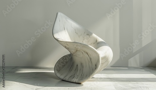 Sculptural white marble chair by window; sunlight design element home decor indoor
