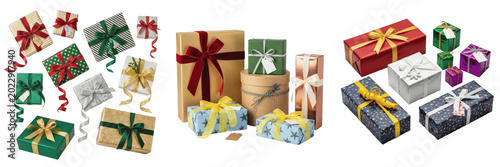 Fotografie Festive Collection of Wrapped Gift Boxes and Presents for Holidays and Celebrati