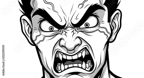 Furious Man Face With Bared Teeth and Angry Eyes, Comic Style Illustration