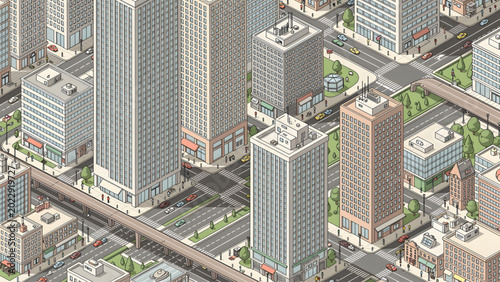 Cuadro en lienzo isometric view of modern city district with skyscrapers roads green spaces and t
