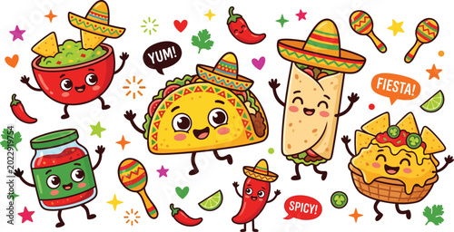 Bild auf Leinwand Cute Mexican food cartoon characters set with happy taco burrito nachos guacamol