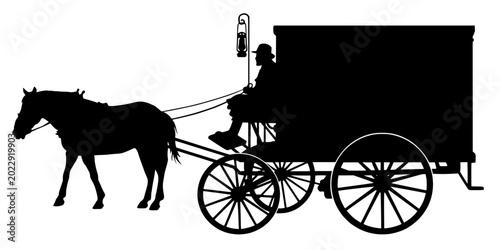 Tableau sur toile Vintage horse-drawn covered wagon carriage with driver and lantern, classic west
