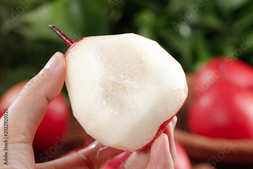 Foto Fresh New Zealand Red Skin Pear Half Slice in Hand - Premium Imported Fruit Phot