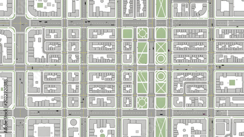 Konstfotografi detailed city map layout with gray and green blocks road grid and parks aerial v
