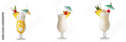 Obraz  z motywem Tropical Creamy Piña Colada Rum Cocktail Glass Pineapple Wedge Cherry Garnish Summer Holiday Tiki Bar Drink Isolated Transparent PNG Element